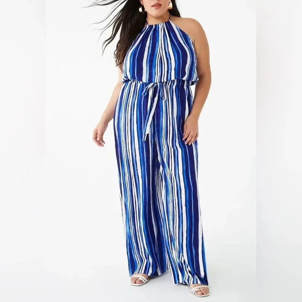Forever 21 Blue and White Striped Jumpsuit